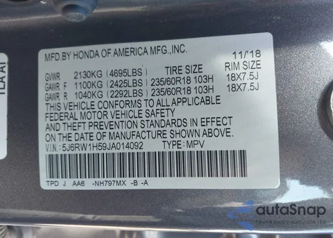 2018 Honda Cr-V Ex из США, поврежденный, VIN 5J6RW1H59JA014092